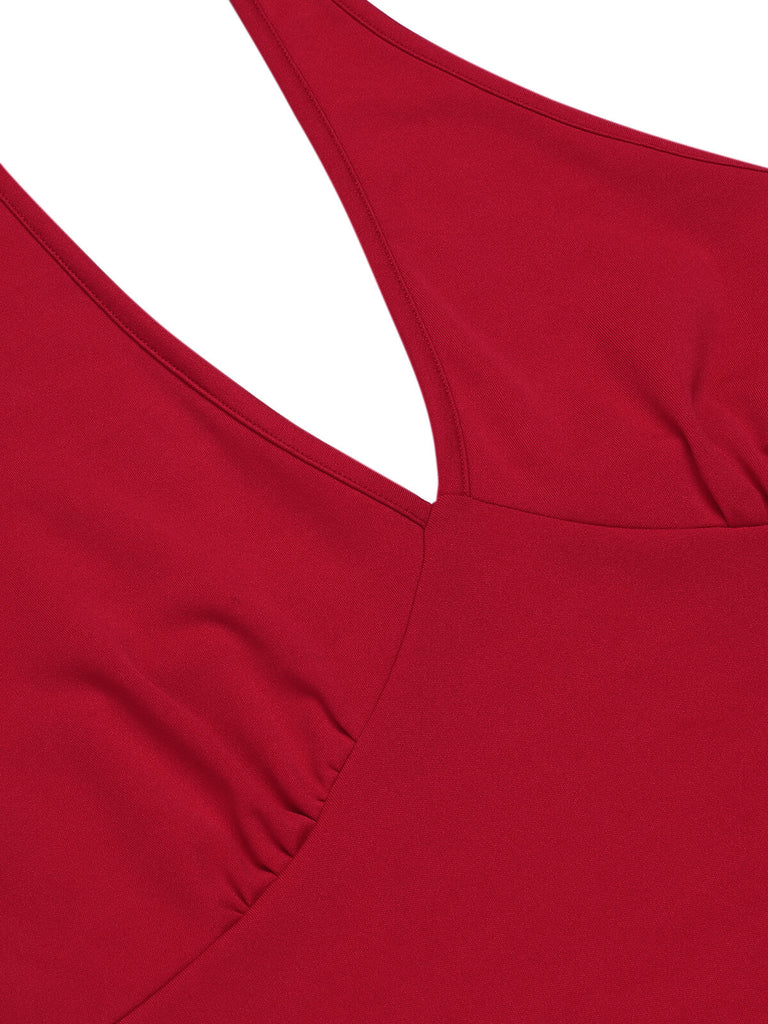 2PCS Red 1950s Bodysuit & Denim Blue Buttons Shorts
