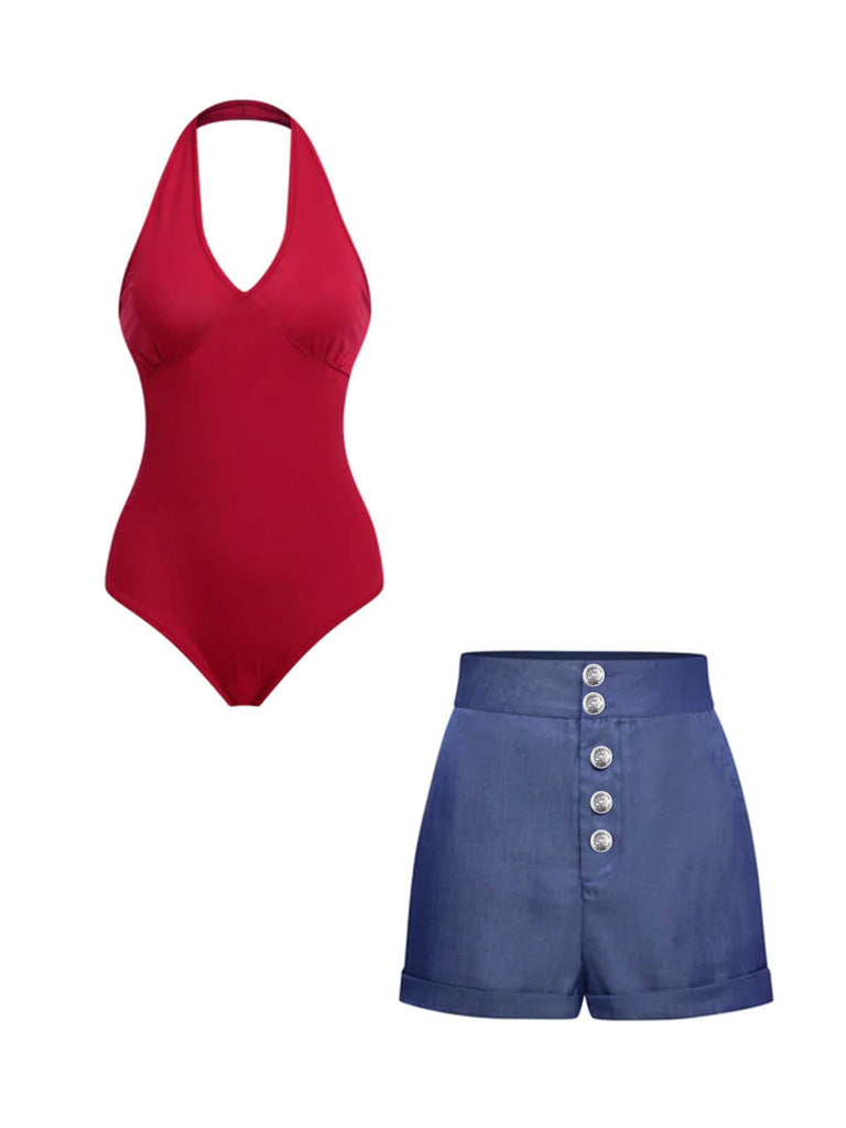 2PCS Red 1950s Bodysuit & Denim Blue Buttons Shorts