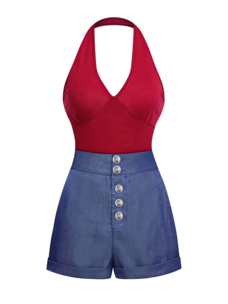 2PCS Red 1950s Bodysuit & Denim Blue Buttons Shorts