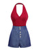 2PCS Red 1950s Bodysuit & Denim Blue Buttons Shorts