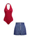 2PCS Red 1950s Bodysuit & Denim Blue Buttons Shorts