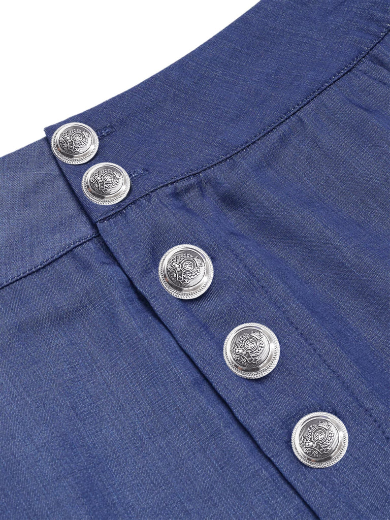 Denim Blue 1950s Solid Buttons Shorts