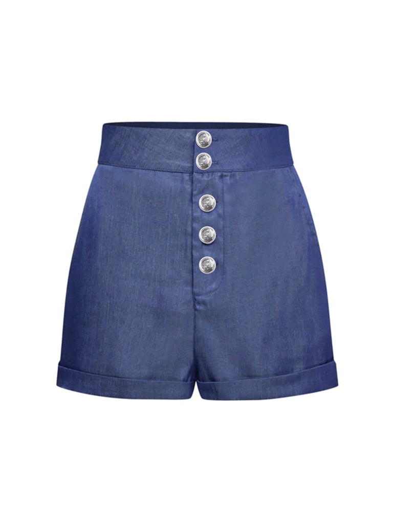 2PCS Red 1950s Bodysuit & Denim Blue Buttons Shorts