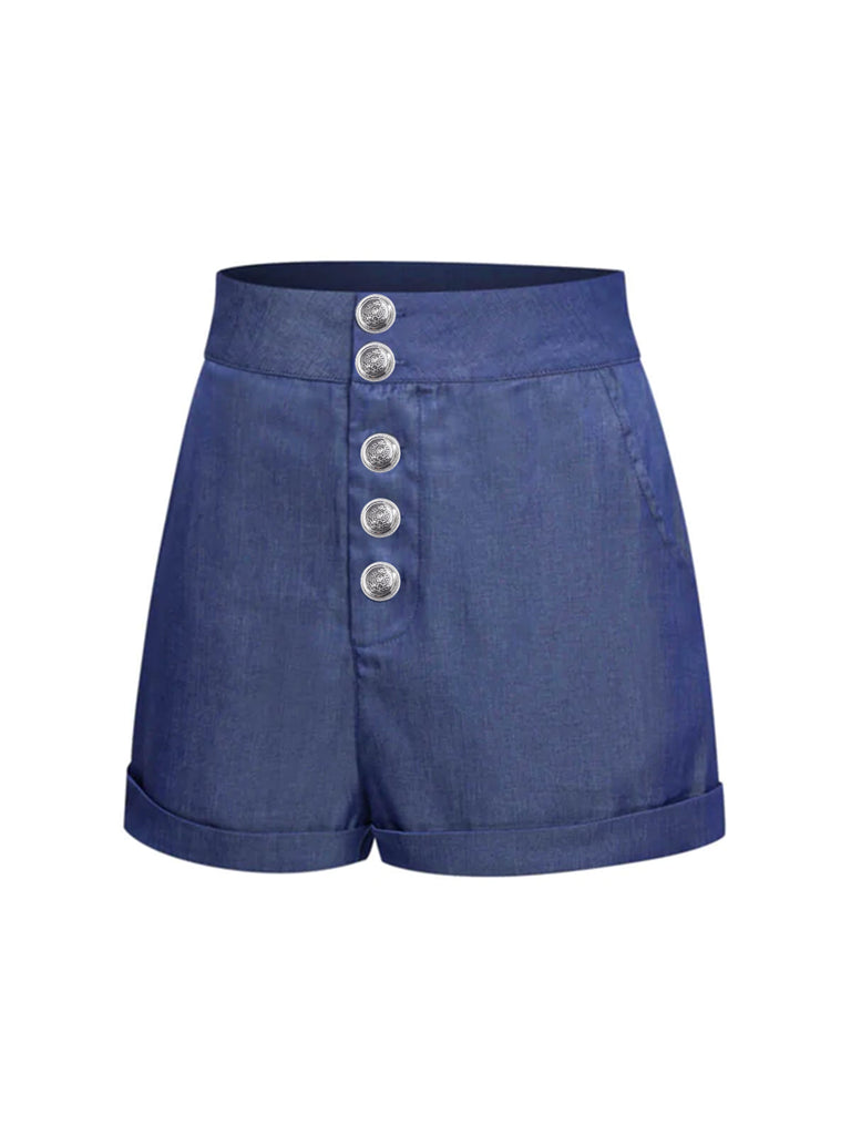 2PCS Red 1950s Bodysuit & Denim Blue Buttons Shorts