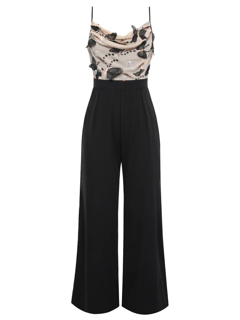 Black 1930s Strap Butterfly Lace Patchwork Jumpsuit