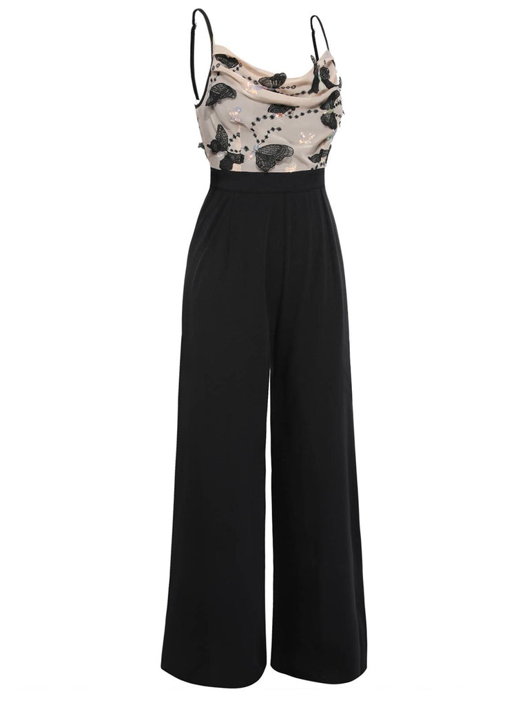 Black 1930s Strap Butterfly Lace Patchwork Jumpsuit