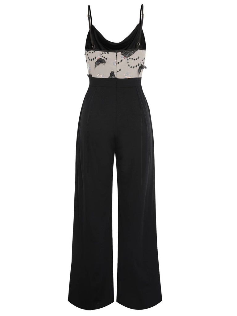 Black 1930s Strap Butterfly Lace Patchwork Jumpsuit