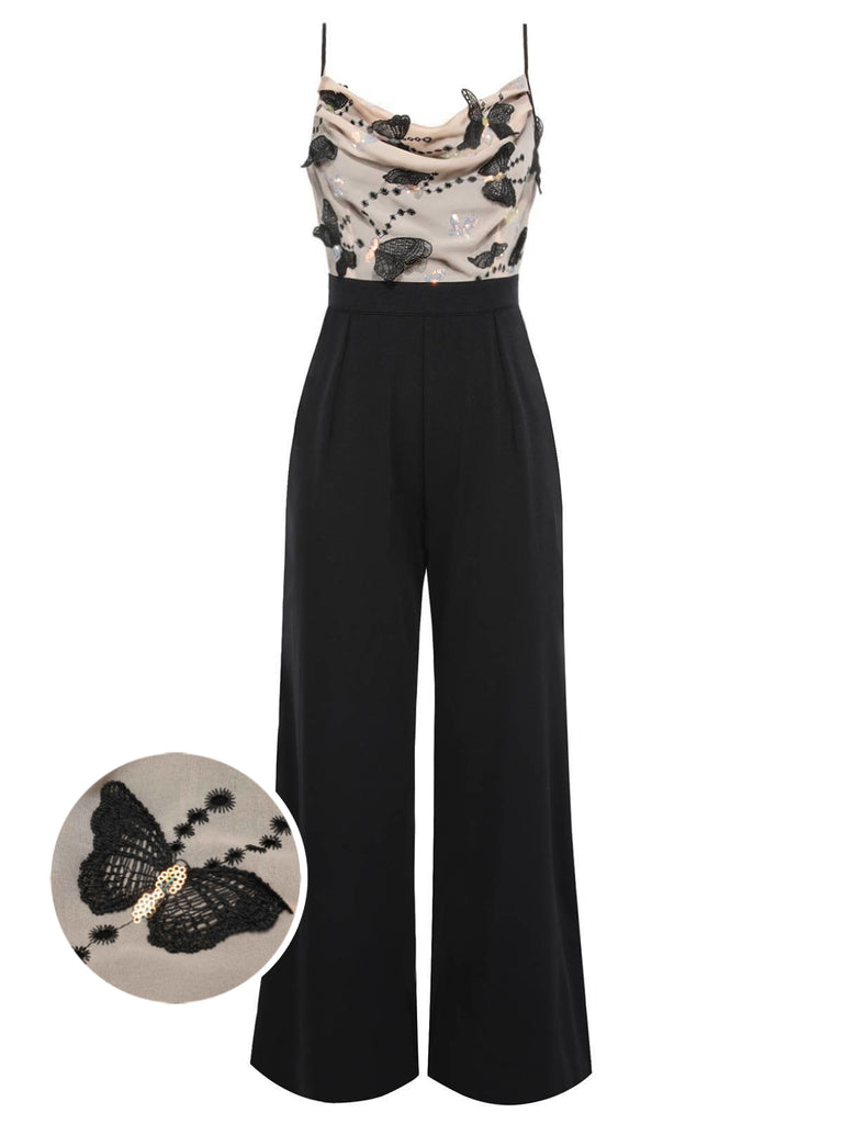 Black 1930s Strap Butterfly Lace Patchwork Jumpsuit
