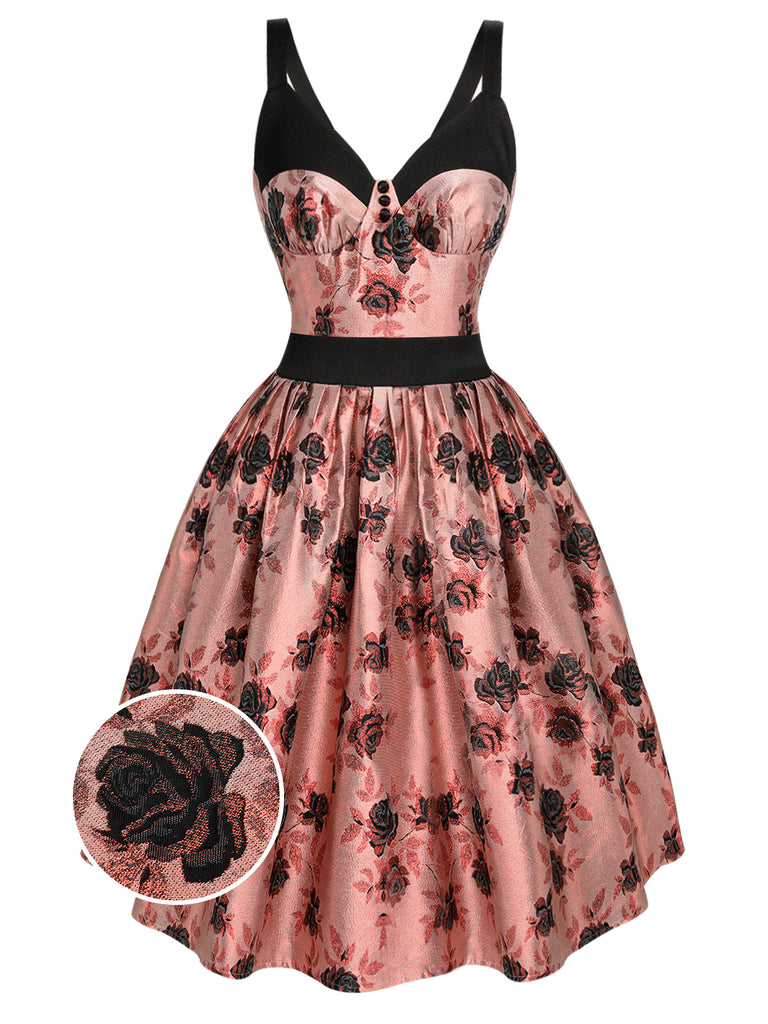 1950s Roses Embossed Satin Swing Dress