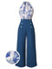 Blue 1930s Butterfly Patchwork Halter Lace-Up Jumpsuit