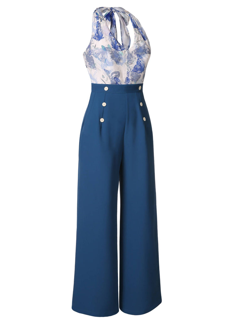 Blue 1930s Butterfly Patchwork Halter Lace-Up Jumpsuit