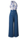Blue 1930s Butterfly Patchwork Halter Lace-Up Jumpsuit