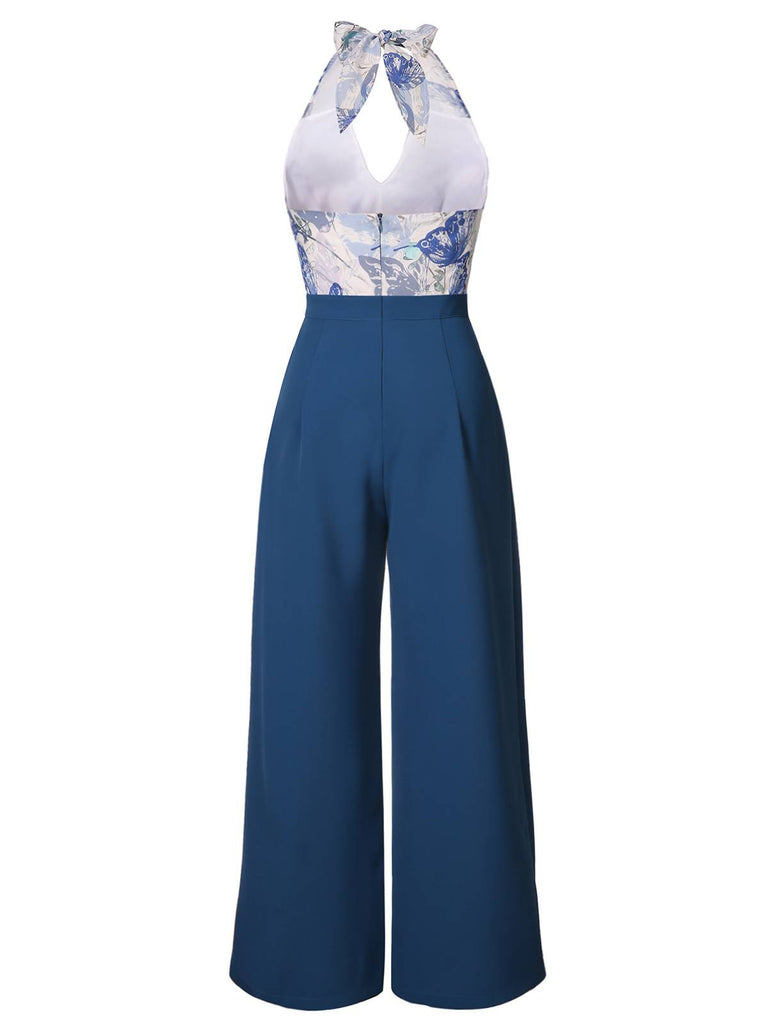 Blue 1930s Butterfly Patchwork Halter Lace-Up Jumpsuit
