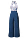Blue 1930s Butterfly Patchwork Halter Lace-Up Jumpsuit