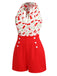Red 1950s Cherry V-Neck Halter Lace-Up Romper