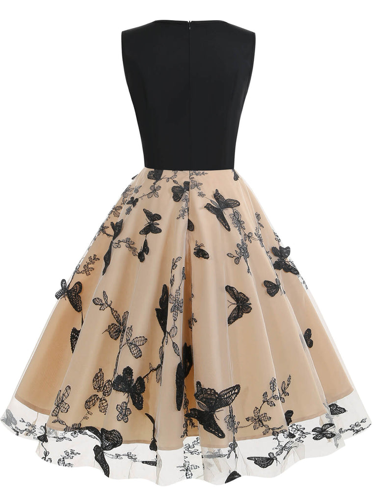 1950s Butterfly Embroidered Mesh Patchwork Dress