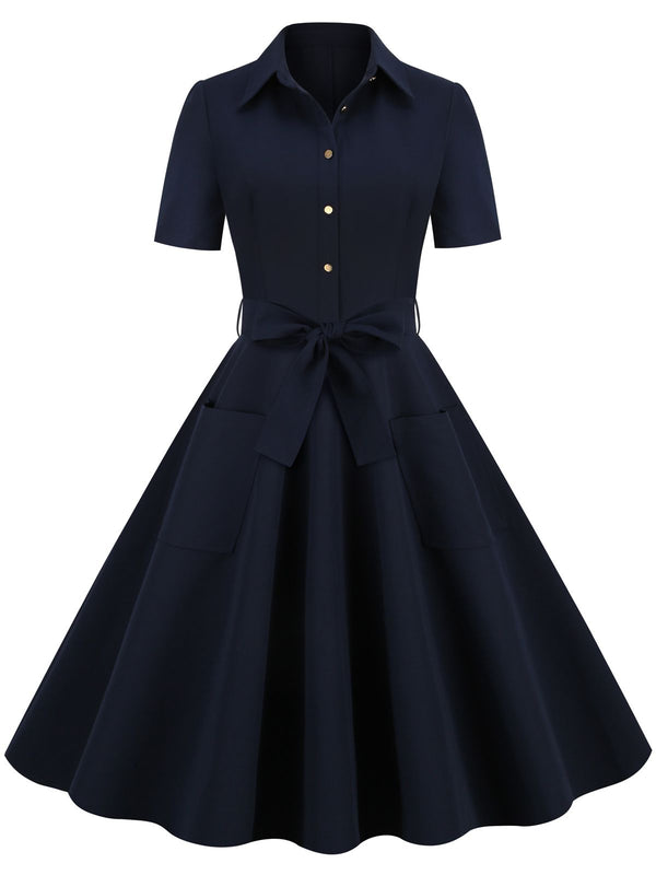 1950s Solid Belt Swing Dress Navy Blue