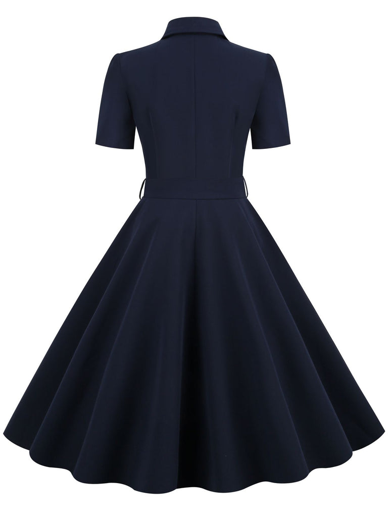 Navy Blue 1950s Solid Belt Swing Dress