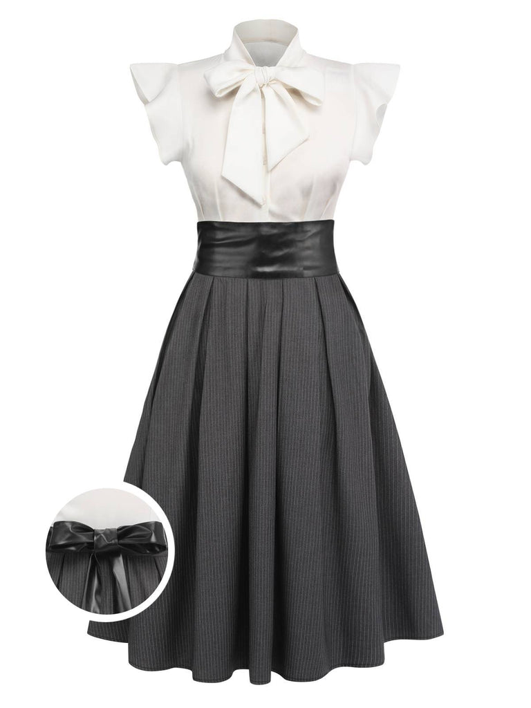 White & Gray 1950s Lace-Up Swing Dress