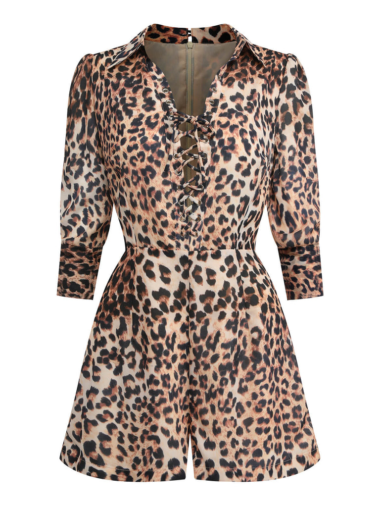 2PCS Leopard Lapel Romper & Khaki Skirt