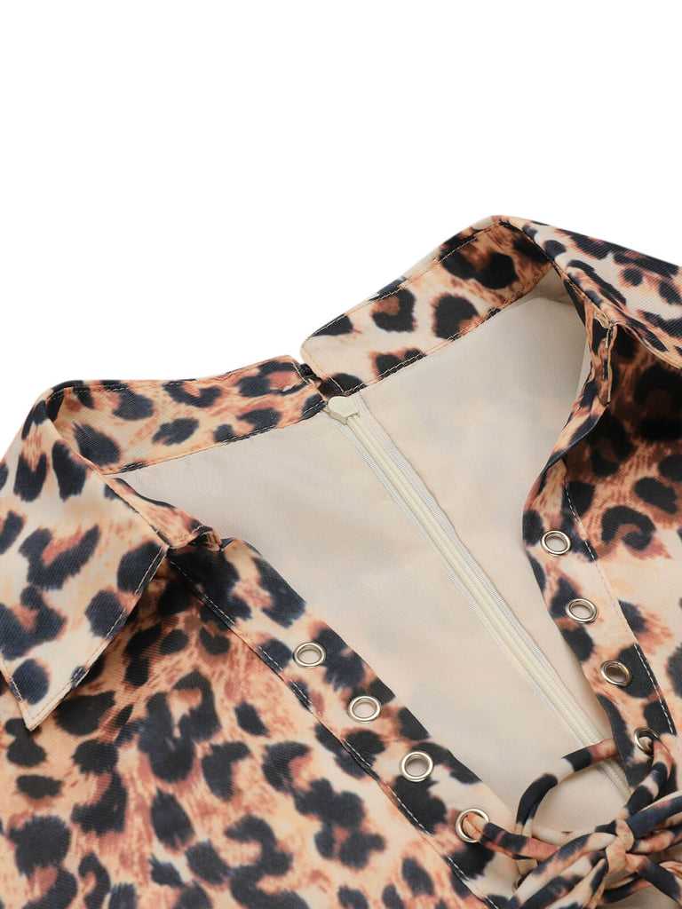 2PCS 1950s Leopard Lapel Romper & Khaki Skirt