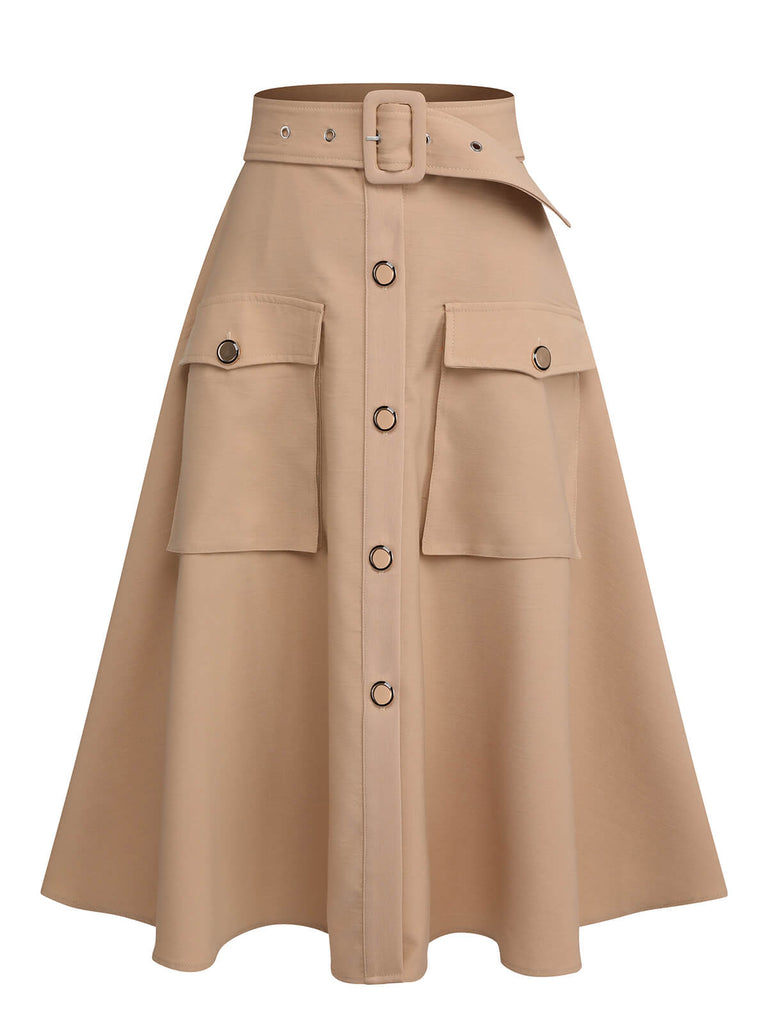 Khaki 1950s Big Pockets Button Skirt Retro Stage