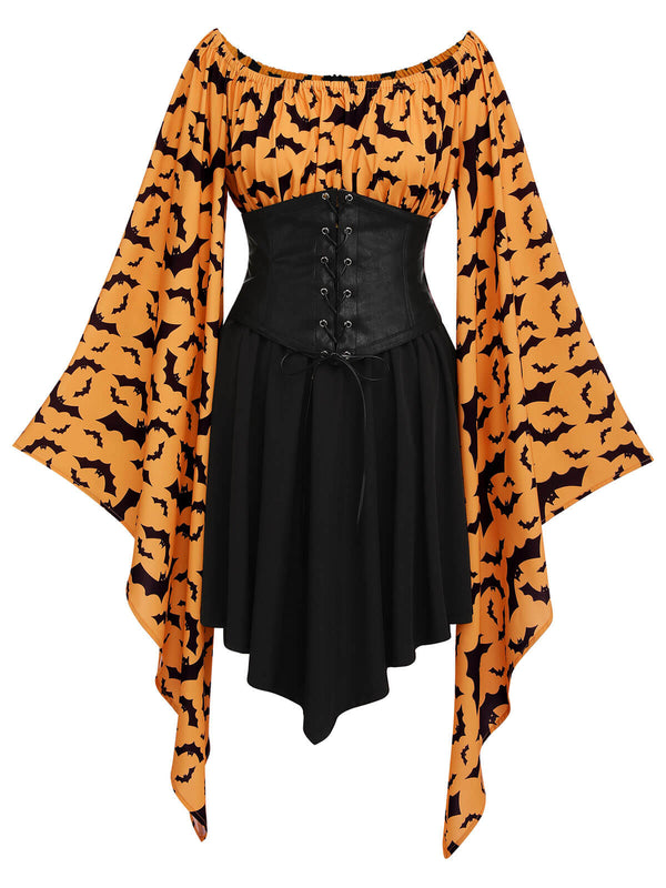 Halloween Bat Empire Waist Dress Orange & Black