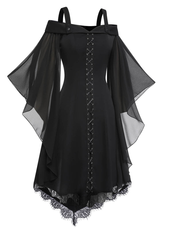 Black 1950s Bat Sleeve Lace-Up Dress | Retro Stage