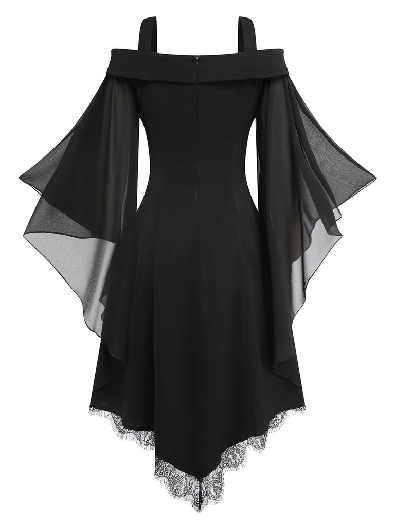 Black 1950s Bat Sleeve Lace-Up Dress