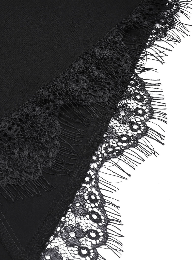 Black 1950s Bat Sleeve Lace-Up Dress