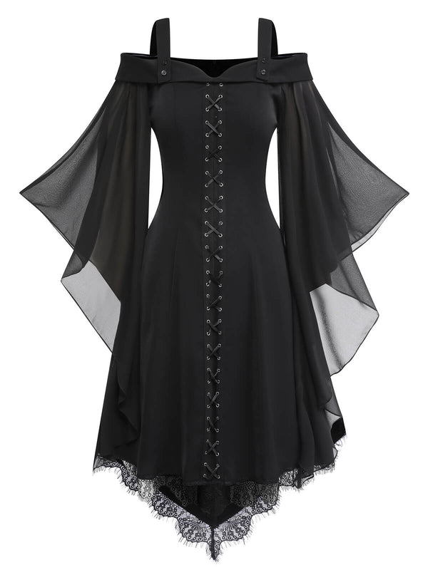 Halloween 1950s Bat Sleeve Lace-Up Dress Black