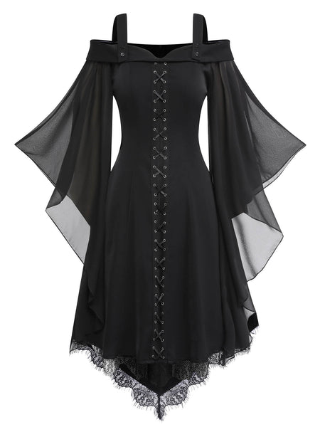 Black 1950s Bat Sleeve Lace-Up Dress – Retro Stage - Chic Vintage ...