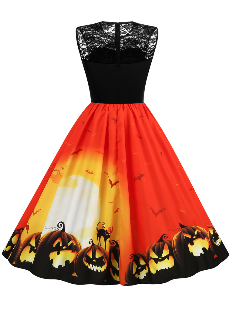 Orange 1950s Halloween Lace Patchwork Dress