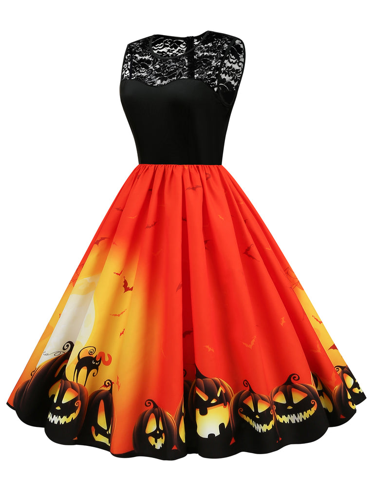Orange 1950s Halloween Lace Patchwork Dress