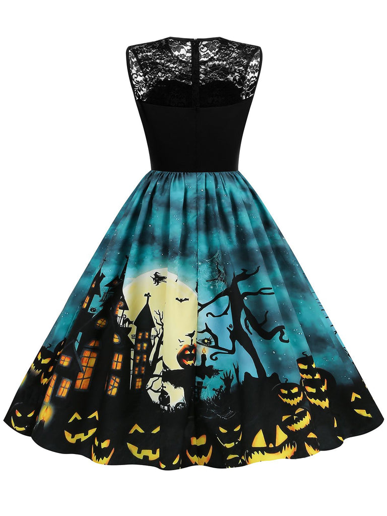 Blue 1950s Halloween Lace Patchwork Dress