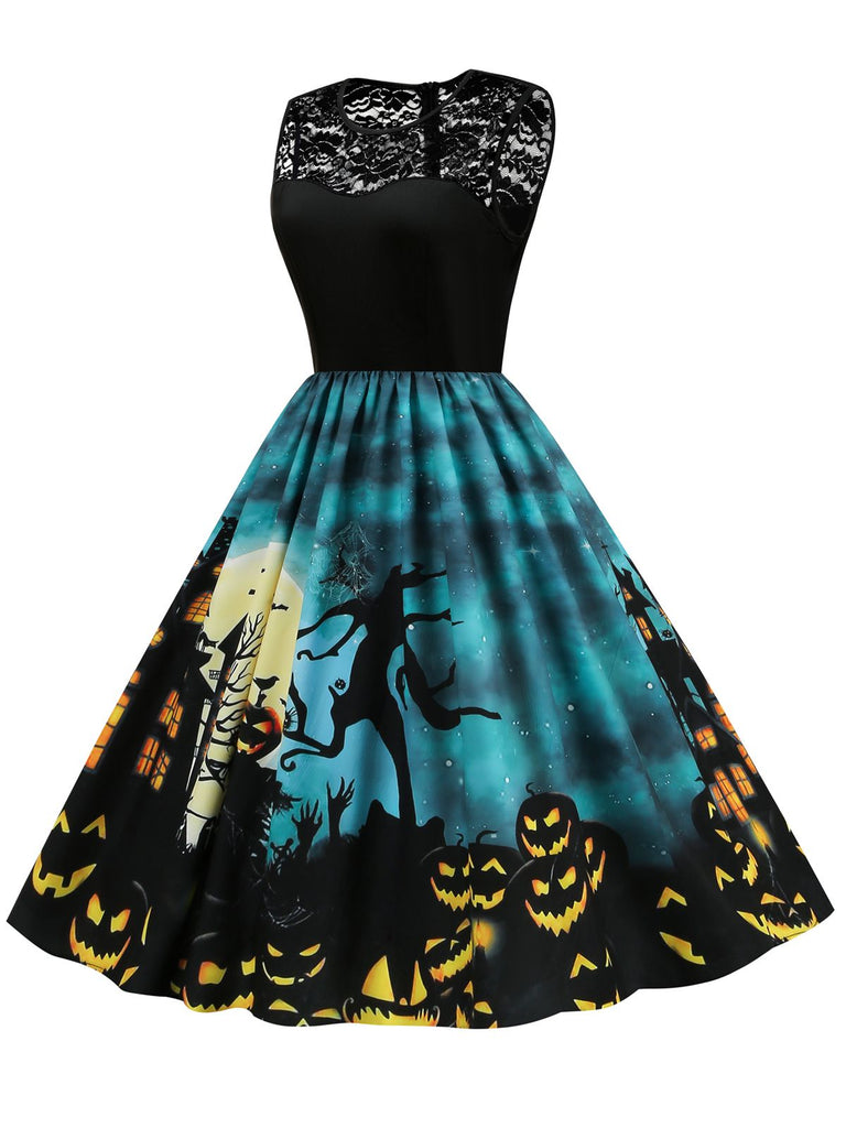 Blue 1950s Halloween Lace Patchwork Dress