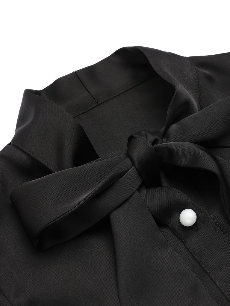 Black 1950s Solid Ruffled-Sleeve Blouse