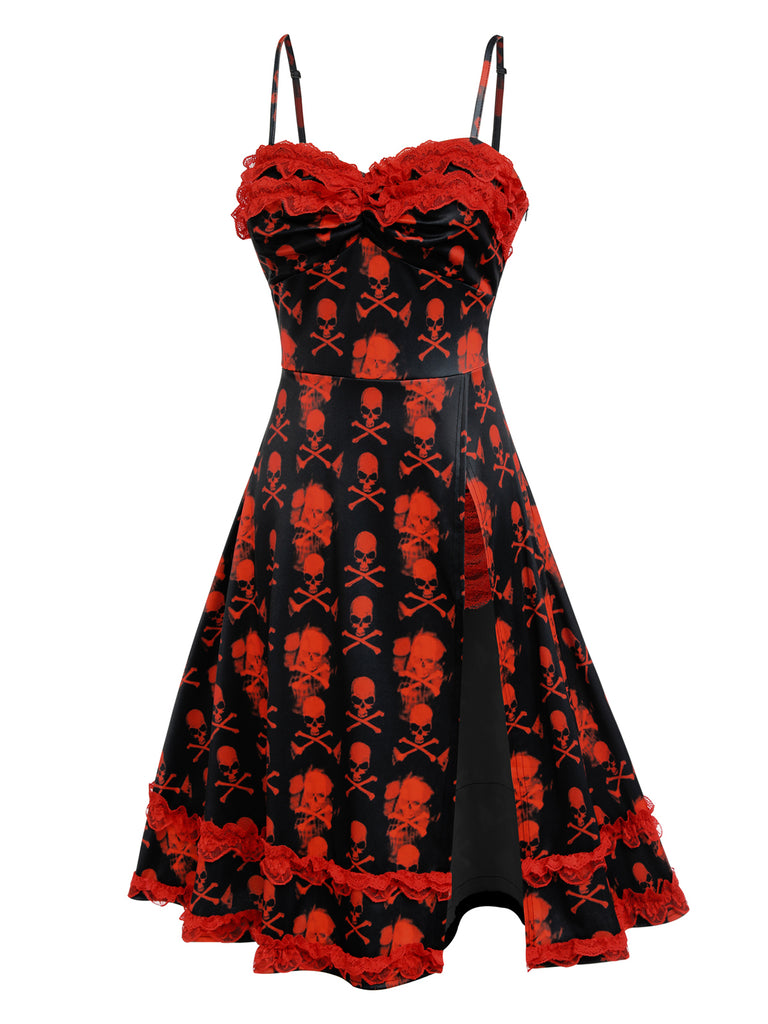 Black 1950s Skull Lace Strap Dress