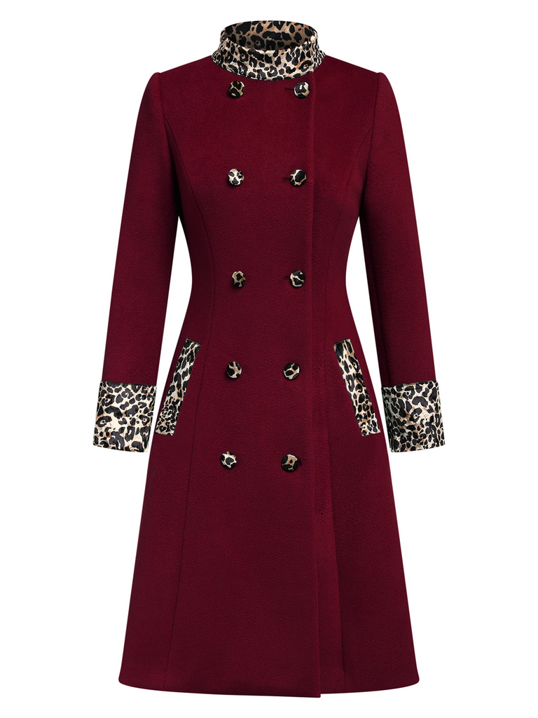 Wine Red 1940s Leopard Patchwork Button Coat