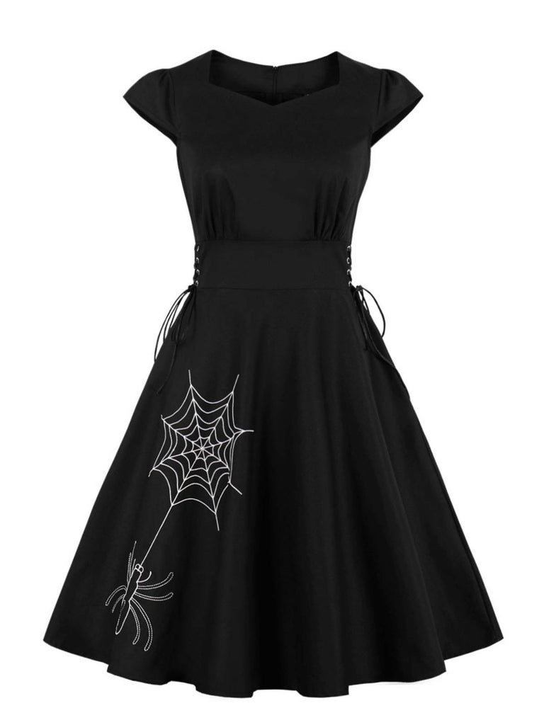 Black 1950s Halloween Solid Spider Web Dress