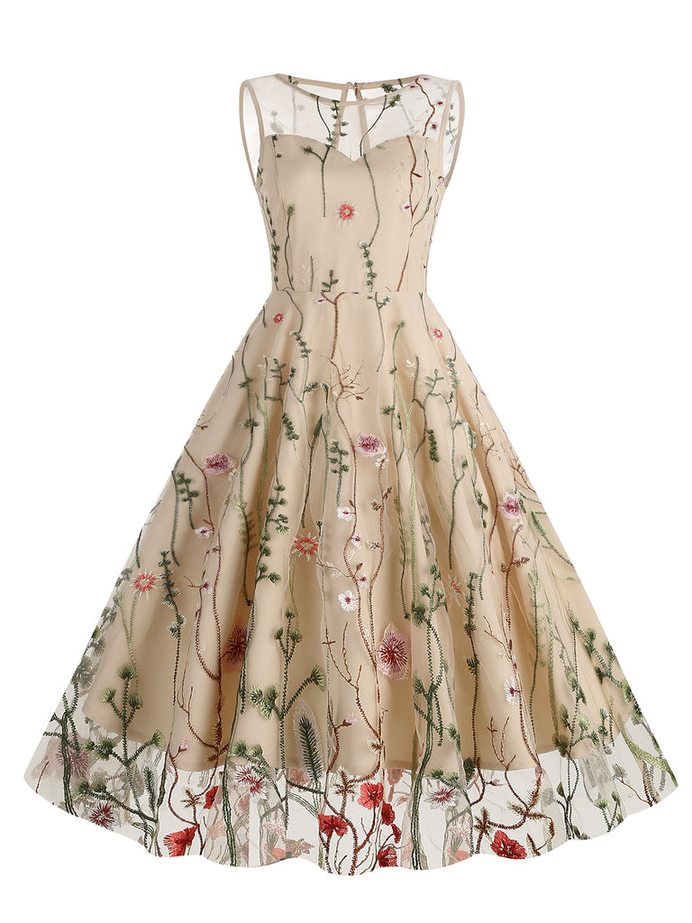 1950s Flower Gauze Sleeveless Swing Dress | Retro Stage