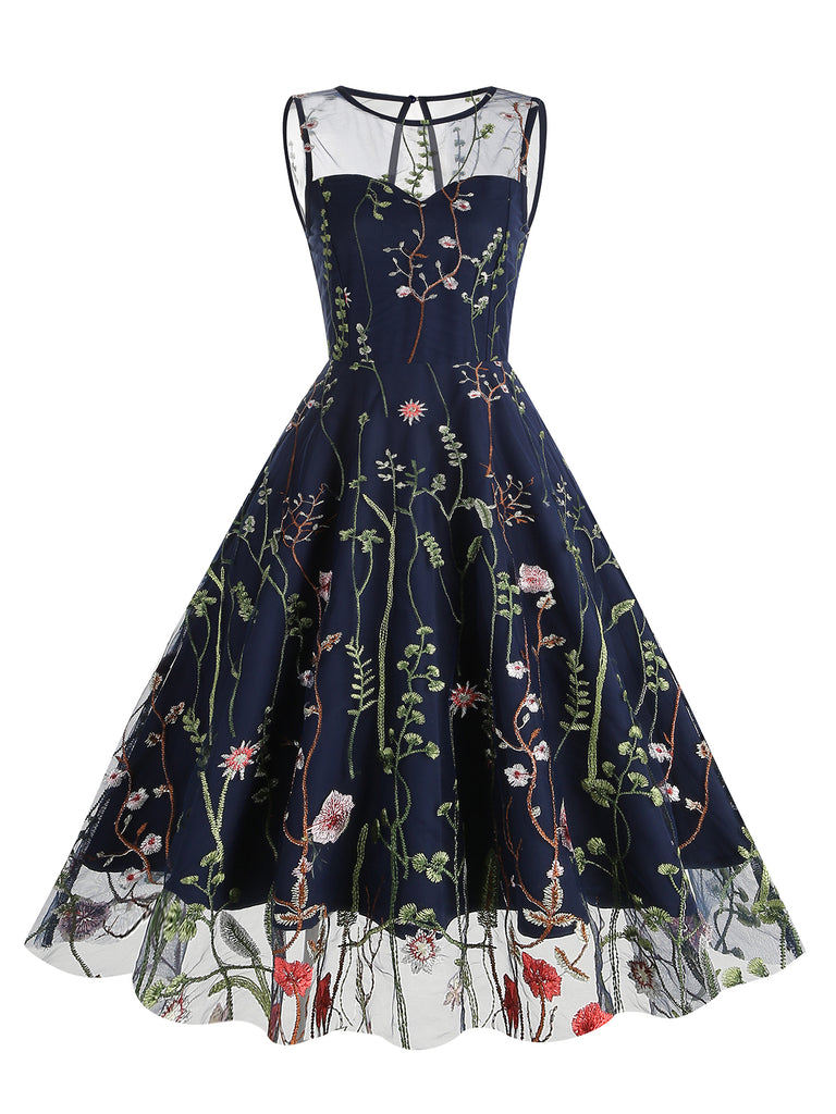 1950s Flower Gauze Sleeveless Swing Dress | Retro Stage