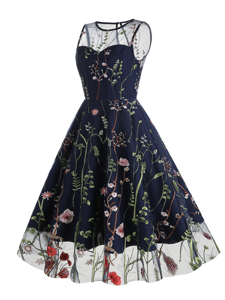 1950s Flower Gauze Sleeveless Swing Dress