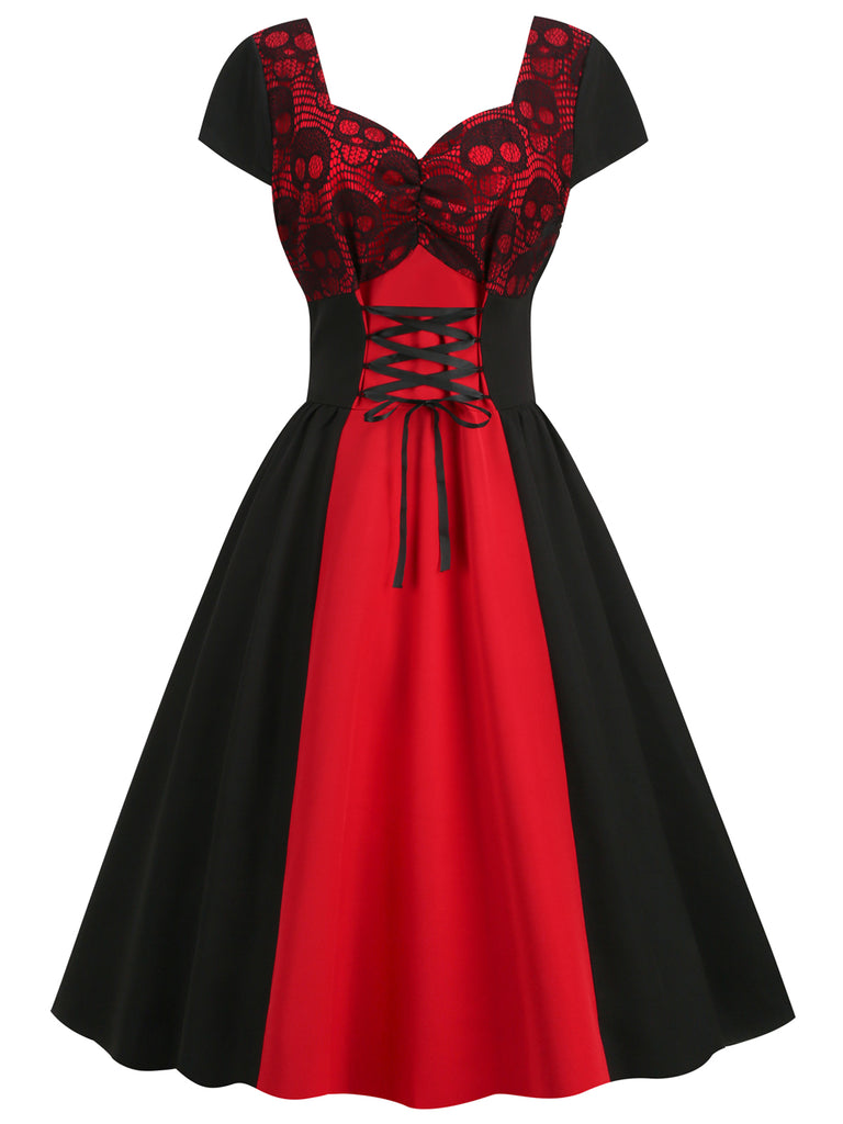 Red 1950s Halloween Lace Patchwork Dress