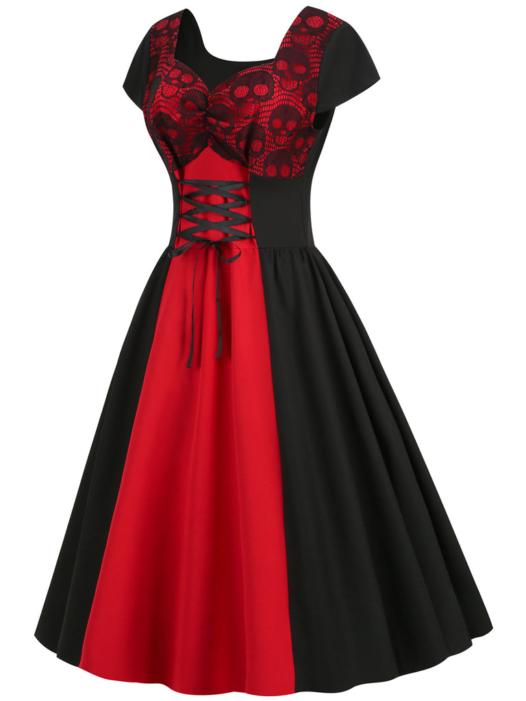 Red 1950s Halloween Lace Patchwork Dress