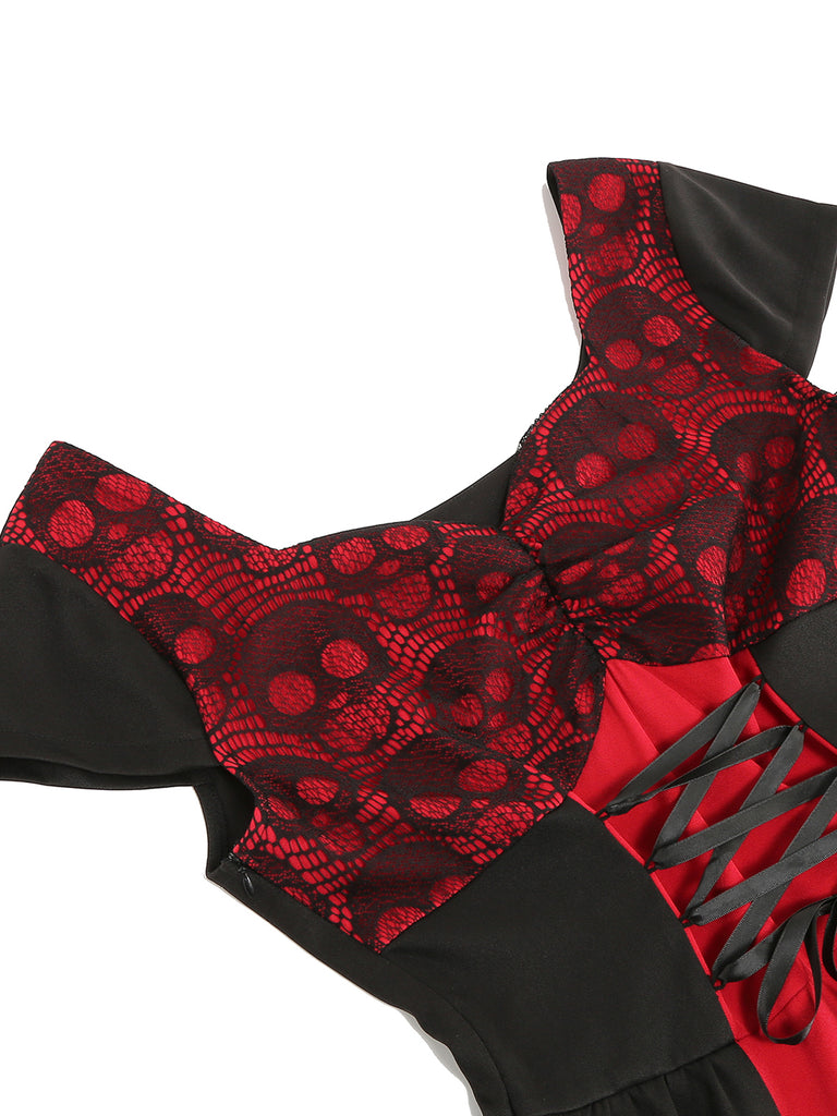 Red 1950s Halloween Lace Patchwork Dress