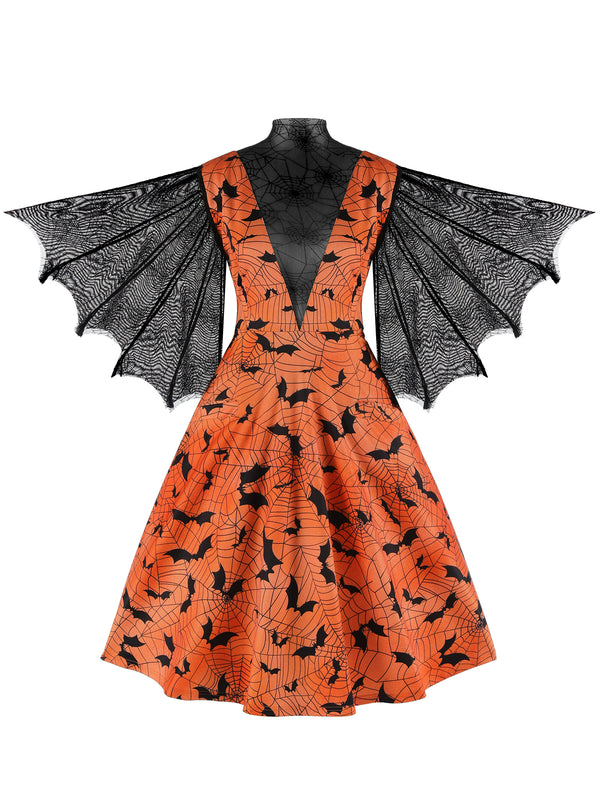Halloween Spider Sleeve Vintage Dress Orange,L