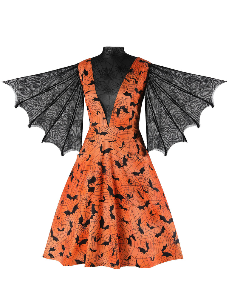 Orange Halloween Spider Sleeve Vintage Dress
