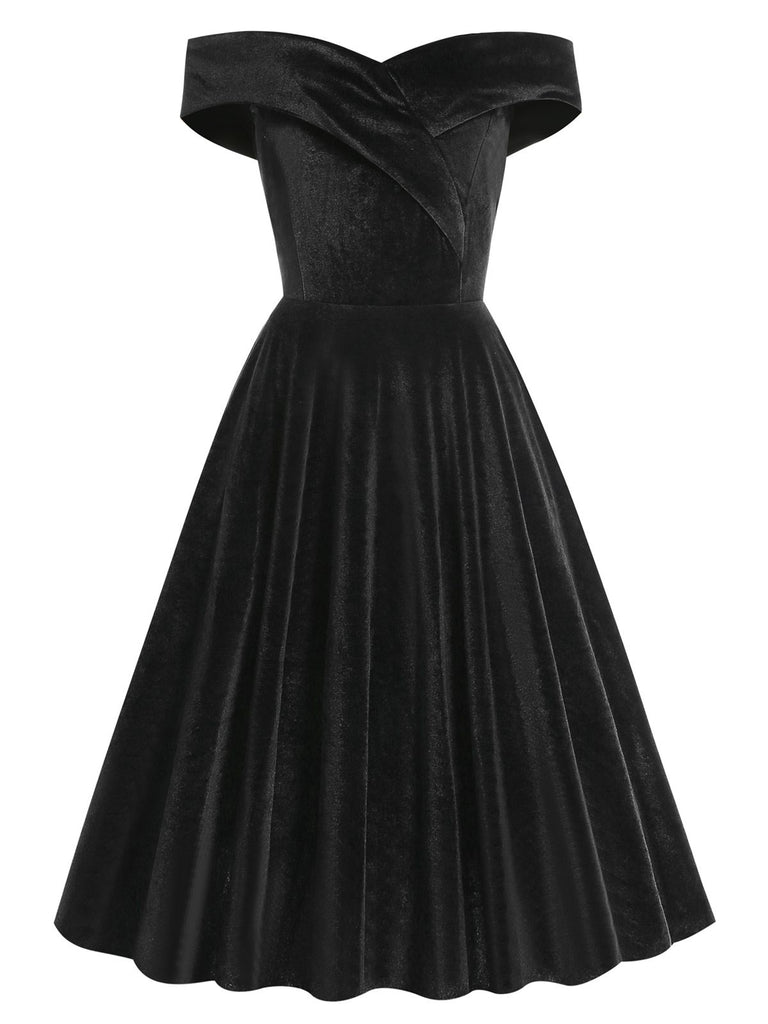 1950s Off Shoulder Velvet Swing Dress