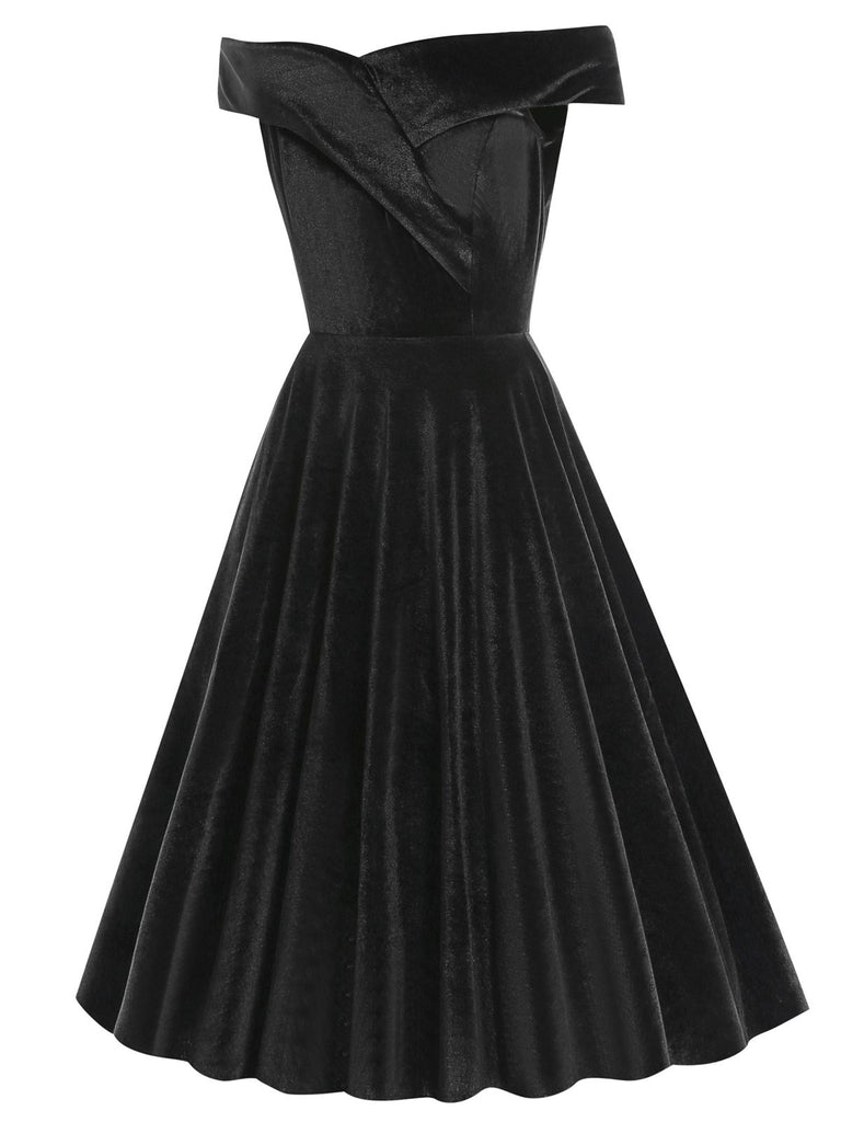 1950s Off Shoulder Velvet Swing Dress